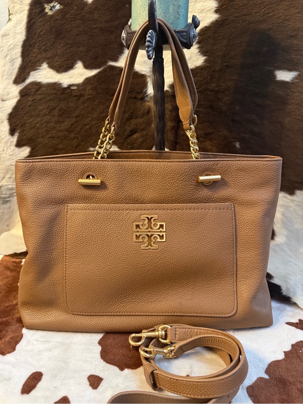 Tory Burch Tan Pebbled Leather Tote with Gold Hardware